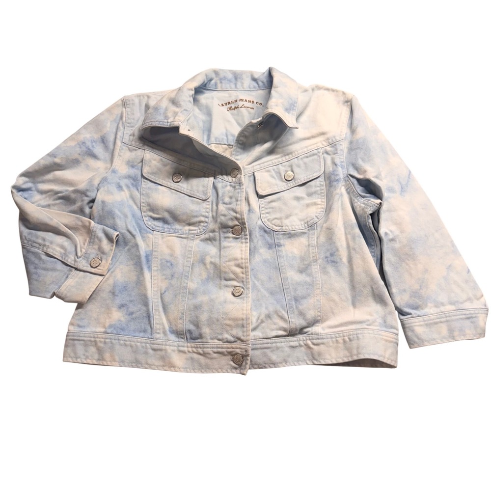 Lauren Ralph Lauren Blue White Tie Dye Acid Wash Denim Trucker Jacket XL Cotton - Picture 1 of 8